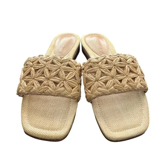 Schutz Nude Raffia Ayla Slide Sandals Leather-Sole Womens Size 8 NEW - Picture 2 of 10
